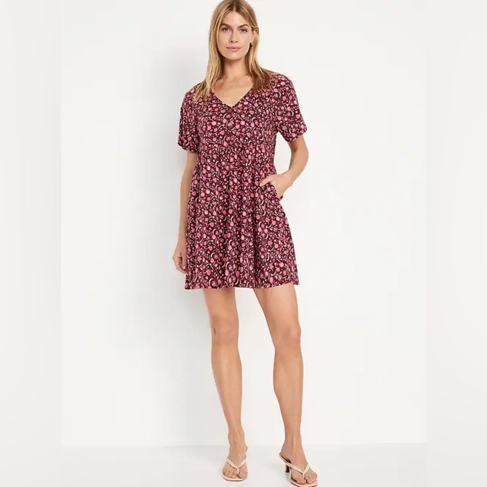 Old Navy Floral Mini Dress Women’s Small Burgundy Pink V-Neck Pockets Boho